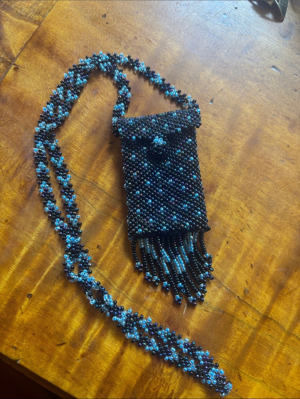 Beaded Black Medicine pouch Necklace with Fringe - Picture 2 of 3